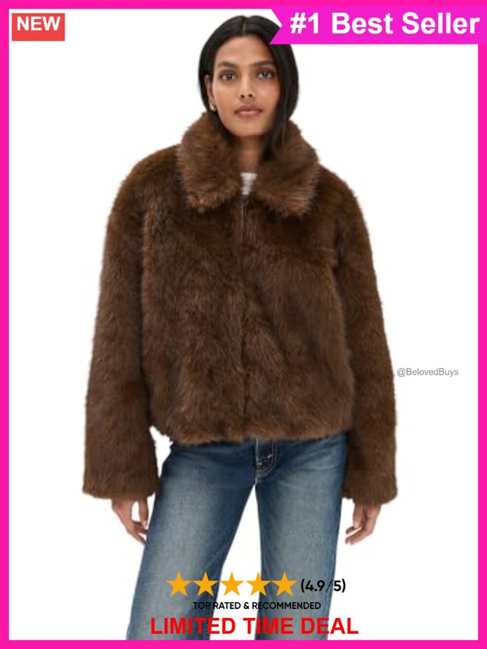 Women's Sylvie Zip Faux Fur Jacket Long Sleeve Collared Relaxed Fit Winter